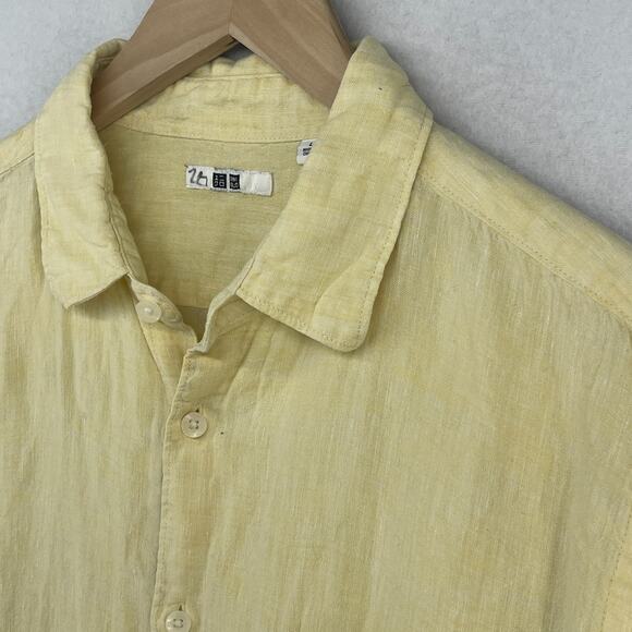 UNIQLO Shirt Mens L 100% Premium Linen Lightweight Button Up Long Sleeve Yellow - Picture 2 of 13